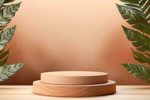 Wood pedestal podium with leaf in background for product presentation generative by ai photo