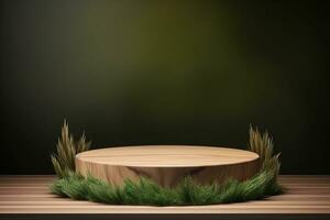 Round wood podium with grass and plants in the background for product display generative by ai photo