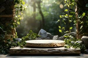 Natural wooden podium for product display in front of the forest generative by ai photo