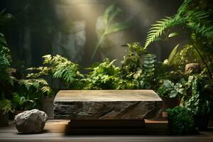 Natural rock stone podium for product display in front of the forest generative by ai photo