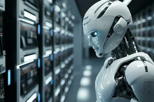White robot standing Infront of data server racks generative by ai photo