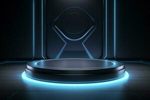 Futuristic illuminated pedestal podium mockup for product presentation generative by ai photo