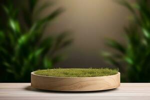 Round wood podium with grass and plants in the background for product display generative by ai photo