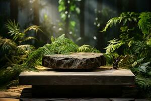 Natural rock stone podium for product display in front of the forest generative by ai photo