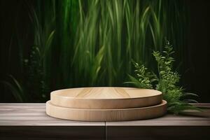 Round wood podium with grass and plants in the background for product display generative by ai photo