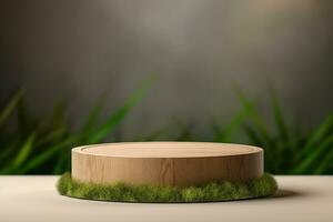 Round wood podium with grass and plants in the background for product display generative by ai photo