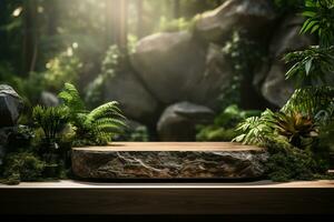 Natural rock stone podium for product display in front of the forest generative by ai photo