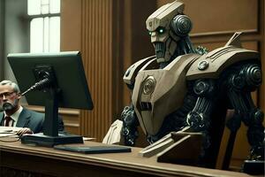 Anthropomorphic robot in human court, neural network generated art, AI law concept photo