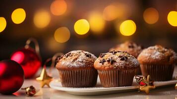 ai generative Close up shot of christmas muffins with decorations and a blurred christmas background photo