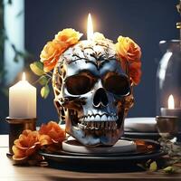 A skull with a flower on it and a candle on the table AI Generated photo