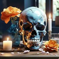 A skull with a flower on it and a candle on the table AI Generated photo