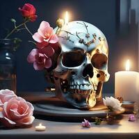A skull with a flower on it and a candle on the table AI Generated photo