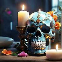 A skull with a flower on it and a candle on the table AI Generated photo