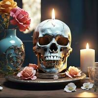 A skull with a flower on it and a candle on the table AI Generated photo