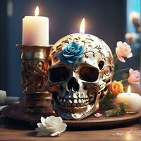 A skull with a flower on it and a candle on the table AI Generated photo