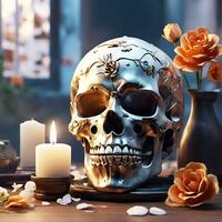 A skull with a flower on it and a candle on the table AI Generated photo