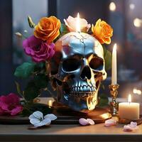 A skull with a flower on it and a candle on the table AI Generated photo