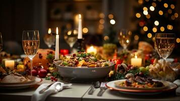 ai generative Christmas Dinner tabletop, beautifully decorated with creamy bokeh christmas lights in the background photo