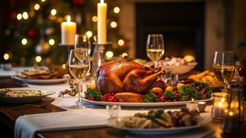 ai generativo Navidad cena mesa, hermosamente decorado con cremoso bokeh Navidad luces en el antecedentes foto