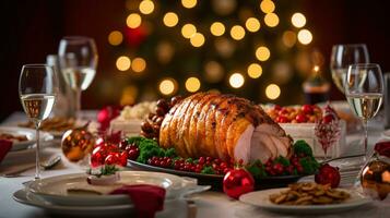 ai generativo Navidad cena mesa, hermosamente decorado con cremoso bokeh Navidad luces en el antecedentes foto