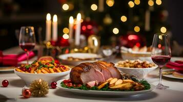 ai generativo Navidad cena mesa, hermosamente decorado con cremoso bokeh Navidad luces en el antecedentes foto
