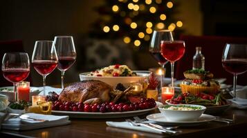 ai generativo Navidad cena mesa, hermosamente decorado con cremoso bokeh Navidad luces en el antecedentes foto