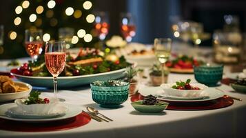 ai generativo Navidad cena mesa, hermosamente decorado con cremoso bokeh Navidad luces en el antecedentes foto