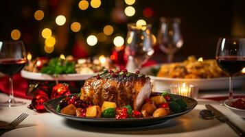 ai generativo Navidad cena mesa, hermosamente decorado con cremoso bokeh Navidad luces en el antecedentes foto