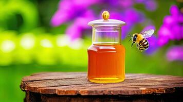 miel en un vaso tarro y un abeja. ai generativo foto