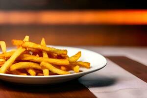 French fries  on a white plate on a wooden table. AI Generative photo