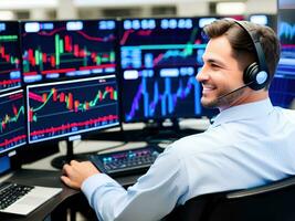 smiling businessman trader in headset with stock exchange graph in monitor. AI Generative photo