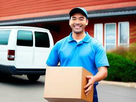 smiling delivery man with parcel box with van. AI Generative photo