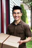 sonriente entrega hombre participación un paquete o empaquetar caja en su mano. ai generativo foto