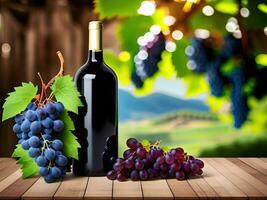 Wine bottle and grapes on wooden table with vineyard. AI Generative photo