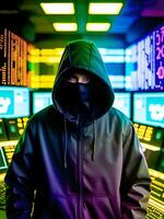 Hooded hacker in front of a monitor. AI Generative photo