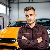 mechanic man standing with crossed arms in car repair shop. AI Generative photo