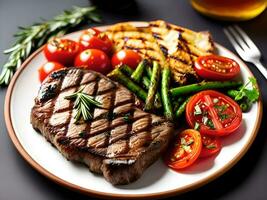 Grilled steak with asparagus and tomatoes. AI Generative photo