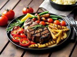 Grilled steak with asparagus and tomatoes. AI Generative photo