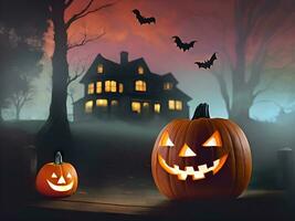 Halloween pumpkins in front of a haunted house. Generative Ai. photo