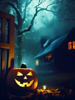 Halloween pumpkins in front of a haunted house. Generative Ai. photo
