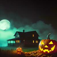 Halloween pumpkins in front of a haunted house. Generative Ai. photo