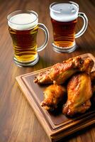 Grilled chicken wings and a glass of beer on a wooden table. Generative Ai. photo