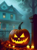 Halloween pumpkins in front of a haunted house. Generative Ai. photo