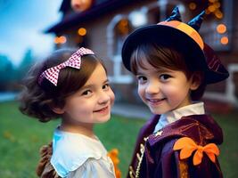 happy girl and boy wearing a Halloween costume. Generative Ai. photo