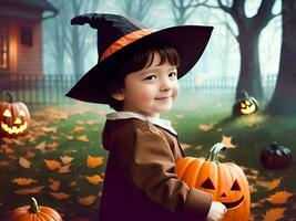 Little Boy Wearing Halloween Costume Holding Pumpkin Standing in Front of House.. Generative Ai. photo