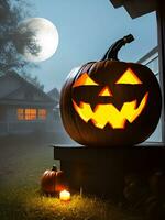Halloween pumpkins in front of a haunted house. Generative Ai. photo
