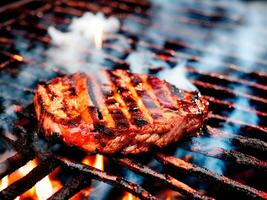 Grilled beef steak on barbecue grill with flames. Generative Ai. photo