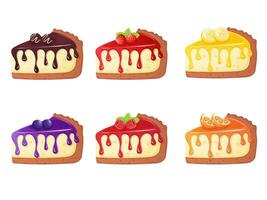 Different berries and fruits cheesecake slices set. vector