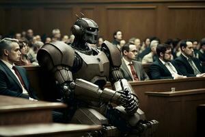 Anthropomorphic robot in human court, neural network generated art, AI law concept photo