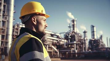 a man in a hard hat and yellow vest standing in front of an oil refinery. AI Generative photo